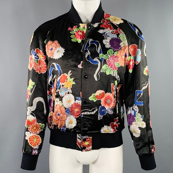 SAINT LAURENT Size 40 Black Multi Color Floral Viscose Varsity Jacket - Picture 1 of 8